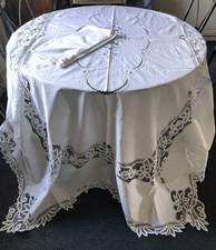 VINTAGE Large White Applique Lace Pulled Thread Tablecloth 265x170cm + 12 Napkin