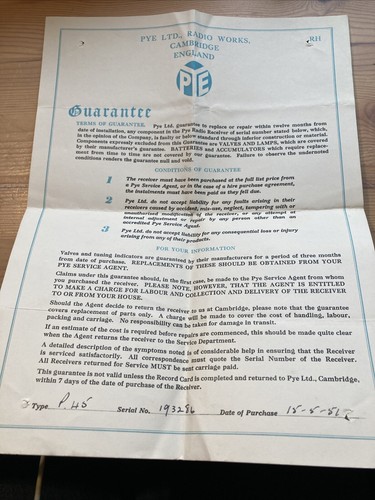 1956 pye radio guarantee - guarantee,