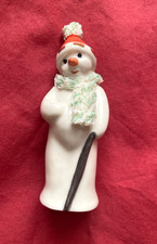 IRISH DRESDEN Ceramic SNOWMAN w Stick, Green & White Scarf & Pom Pom  - RARE