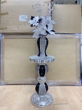 BLACK SILVER TABLE AND VASE WITH FLOWERS MOSAIC CRUSHED CRYSTAL ROMANY BLING