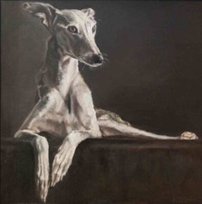oil painting on canvas of white greyhound dog laying against dark background.