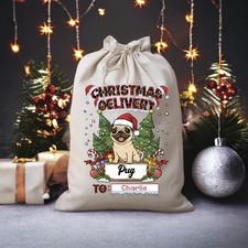 Pug Dog Christmas Sack Personalised Santa Gift Cotton Bag Westford Mill Name UK