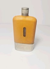 Vintage Small Leather Covered Pocket Hunting Glass Hip Flask with Drinking Cup