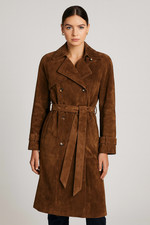 Women’s Brown Suede Trench Coat Long Belted Double-Breasted Vintage Style Outerw
