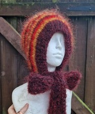 Knitted Adult Luxury Bonnet VINTAGE MOHAIR Maroon, mustard & red