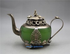 Collect China old Tibet silver Inlay jade hand-carved Dragon monkey Teapot 20978