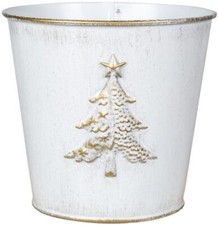 20cm Metal Christmas Tree Embossed Plant Pot Tin Pail 3 Liter Planter Gold White