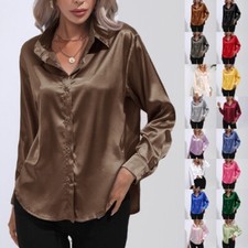 Womens Satin Silk Solid Shirt Ladies Casual Baggy Button-up OL Work Blouse Tops