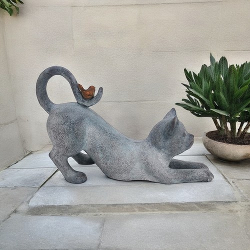 Cat with bird garden ornament - bird,