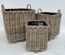 Rattan Wicker Square Planter Basket Lined Outdoor Garden Patio Pot Grey & Buff