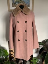 Rare Zara Pink Wool Blend Coat Jacket - Size Large - Detachable Fur Collar
