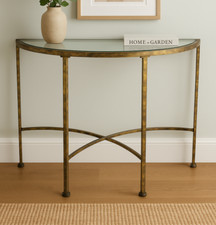 Antique Gold Metal Half-Moon Console Table with Mirror Top - Elegant Entryway