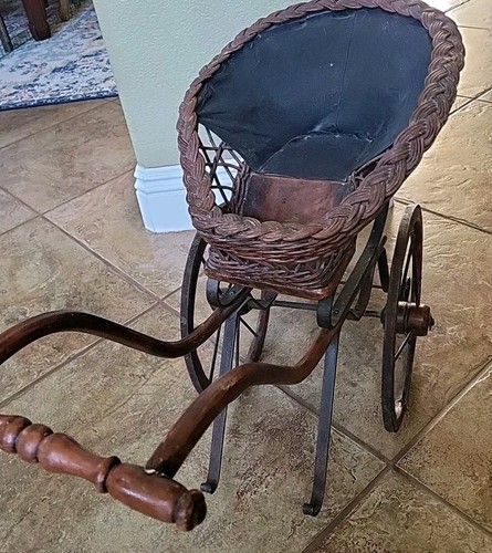 Vtg wicker wood stroller - wicker,