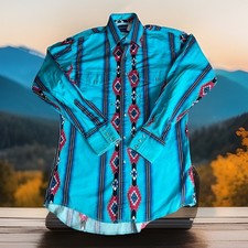 Vintage Wrangler Brushpopper Shirt Small Aztec Pearl Snap Cowboy Western USA