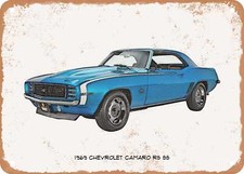 Classic Car Art - 1969 Chevy Camaro RS SS Pencil Sketch - Rusty Metal Sign 3