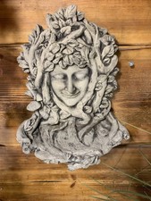 STONE GARDEN GREEN MAN LADY LEAF FACE PLAQUE WALL HANGING ORNAMENT BIRD FEEDER