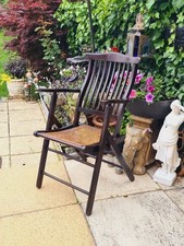 Antique Teak Folding Steamer Chair Woven Seat Arm Rest Colonial Tea Planter Seat