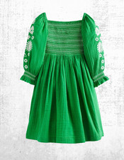 Mini Boden Girls' Smocked Bodice Woven Dress in Green Daisies (A Bit Defect)