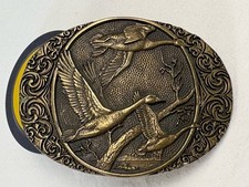 Flying Ducks Waterfowl Hunting Belt Buckle Vintage Solid Brass Medallion Style