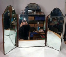 Vintage Art Deco Style Tri Fold Vanity Dressing Table Mirror Bevelled Glass Wood