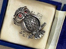 Vintage Sterling Silver Owl Brooch - Garnet Eyes & Marcasite. c. 1985-1995