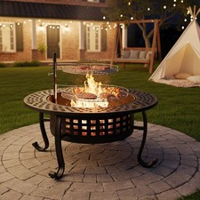 Round Fire Pit BBQ Grill Outdoor Garden Firepit Table Brazier Stove with Cover