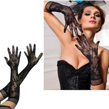 Long Lace Floral Black Gloves