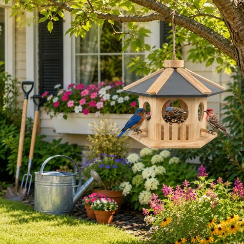 Wooden hanging bird table - wooden,