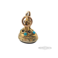 Antique 9ct Gold Bloodstone Fob Pendant with Turquoise Inlay