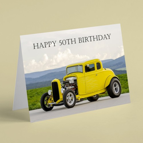Yellow hot rod car 50th