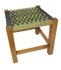 Reclaimed Vintage retro wooden rattan cube stool woven seat raffia weave