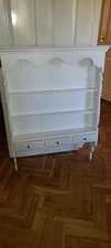 White painted country farmhouse pine wall plate rack 3 small drawers shelves gc
