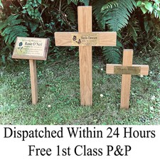 Oak Wood Memorial Cross Wooden Grave Marker Personalised Engraved Plaque pet