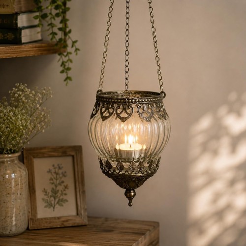 Glass hanging ribbed tea light - ribbed,