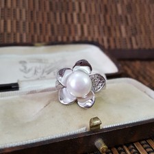 925 Sterling Silver Ring,Genuine  Freshwater Pearl Floral Ring, Size O US 7.25 