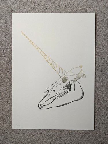 Unicorn skull original linocut - unicorn,