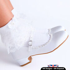GIRLS COMMUNION SHOES WEDDING SATIN WHITE MARY JANE LOW HEEL ANKLE STRAP UK