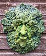 Green Man wall plaque Oak King pagan STONE garden ornament 33cmH + FREE GIFT!