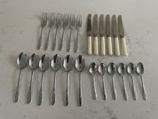 24 X Vintage Retro Chromium Plate Cutlery Set Faux Bone Knives Forks Spoons