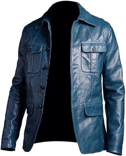 Men blue leather jacket - blue, soft