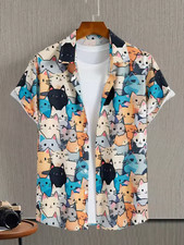 Mens Button Down Shirts Funny Cat Kitten Printed Hawaiian Tops Novelty Ugly Gift