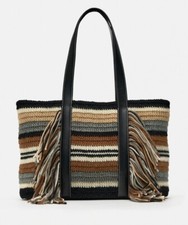 Zara Brown/Cream/Black Knit Woven Tassel Shoulder Tote Beach Shopper Bag £50 NEW