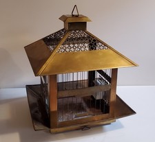 Antique Hendryx Brass Pagoda Style Bird Cage w Porcelain Feeders