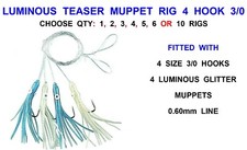 LUMINOUS TEASER MUPPET RIG 4 HOOK 3/0 SEA FISHING LURES COD MACKEREL FEATHERS
