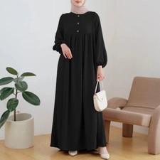 S-5XL Loose Solid Color Burqa Women Casual Muslim Robe Puff Sleeve Pleated Dress