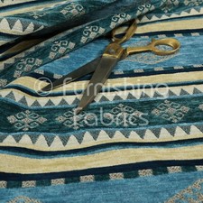 Quality Kilim Aztec Pattern With Stripes In Blue Teal Silver Upholstery Fabric