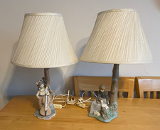 Lladro Nao, Pair Of Table Lamps. Girl With Rabbits And Girl With Cello.