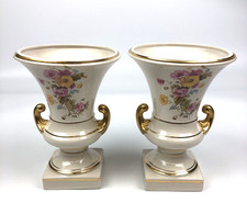 VTG Pair Campana Urn style Vase Applied Flowers Hand Painted Gold Trim & Handles