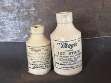 58511 Old Vintage Antique Printed Ironstone Pot Jar Ink Well Magic Jet Stain x2