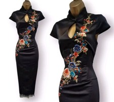 Karen Millen UK 12 Vintage Black Silky Embroidered Floral Oriental Wiggle Dress
